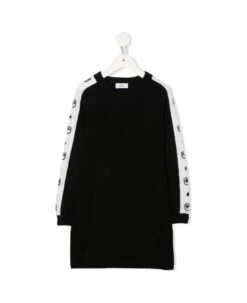 Chiara Ferragni Black Sweater Dress In Wool Blend With White Band With Logo