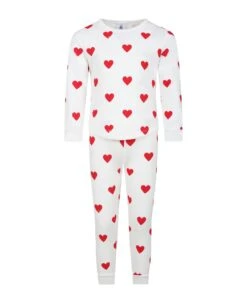 PETIT BATEAU White Pajamas For Girl With Red Hearts