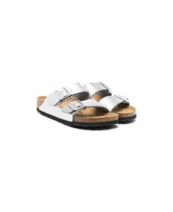Birkenstock 'ariziona' Silver-colored Flat Sandals With Double Buckles In Metallic Leather Girl