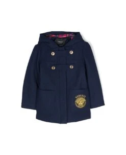 Versace Cappotto Blu In Misto Lana Con Cappuccio Bambina
