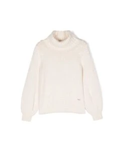 Chloé White Turtleneck Sweater With Logo Embroidery In Cotton And Wool Woman