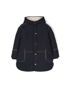 Chloé Chloe Piumino Lungo Blu Navy In Nylon Con Cappuccio Bambina