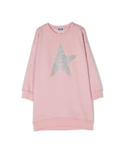 Abito Con Stampa Star Lurex In Felpa Di Cotone Rosa Golden Goose Kids Bambina