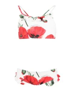 Dolce & Gabbana White Bikini For Girl With Flowers And Logo