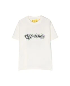 Off-White Crewneck T-shirt With Printed Logo And Floral Motif In White Cotton Girl