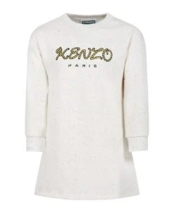Kenzo Kids Ivory Dress For Girl With Logo