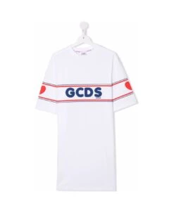 Gcds Girl's White Cotton Dress With Logo Print