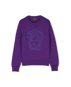 Versace Pullover Blu Navy In Lana Vergine Bambino