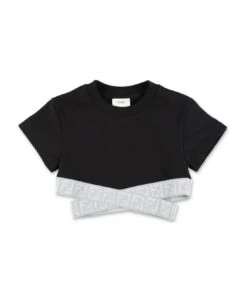 Fendi Top Nero In Jersey Di Cotone Con Dettaglio Ff Glitter Bambina