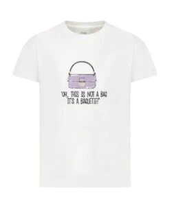 FENDI White T-shirt For Girl With Baguette And Logo