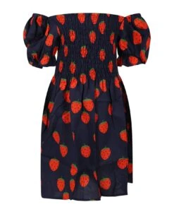 Mini Rodini Blue Dress For Girl With Strawberry Print